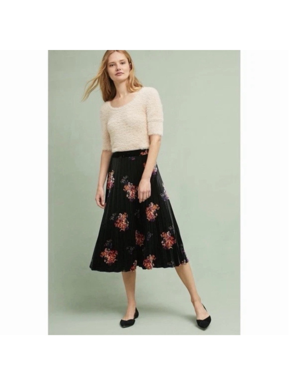 Anthropologie Meave XS Burnout Velvet Pleated Floral Midi Skirt Hi-Rise LKNEW